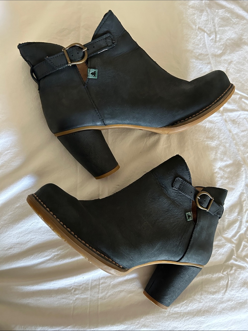 El Naturalista Black Leather Ankle Booties with Buckle Detail